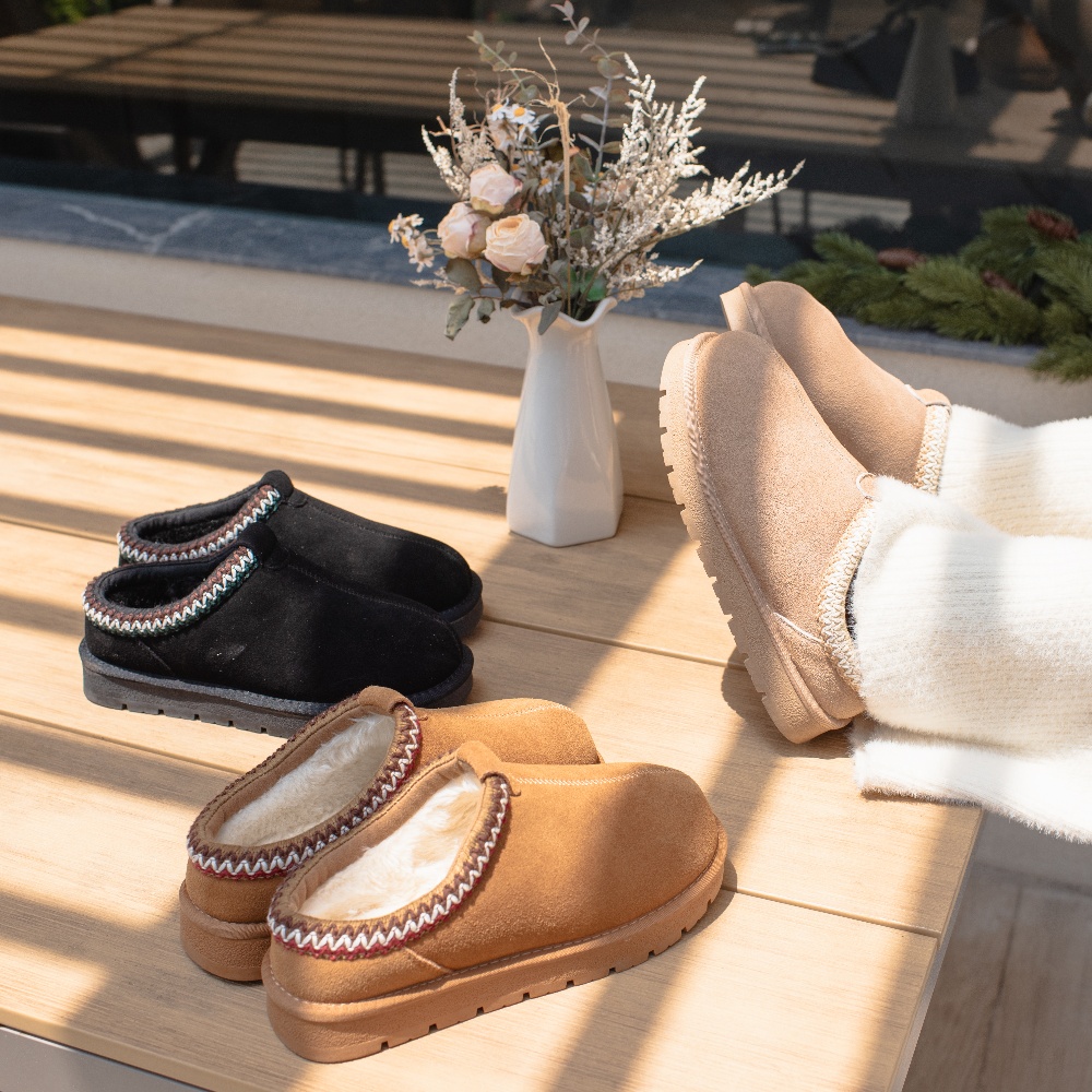 XIXITIAO Plush Suede Leather Snow Boots for Women Indoor Outdoor, Fuzzy Ethnic Winter House Shoes with Non-Slip Rubber Sole
