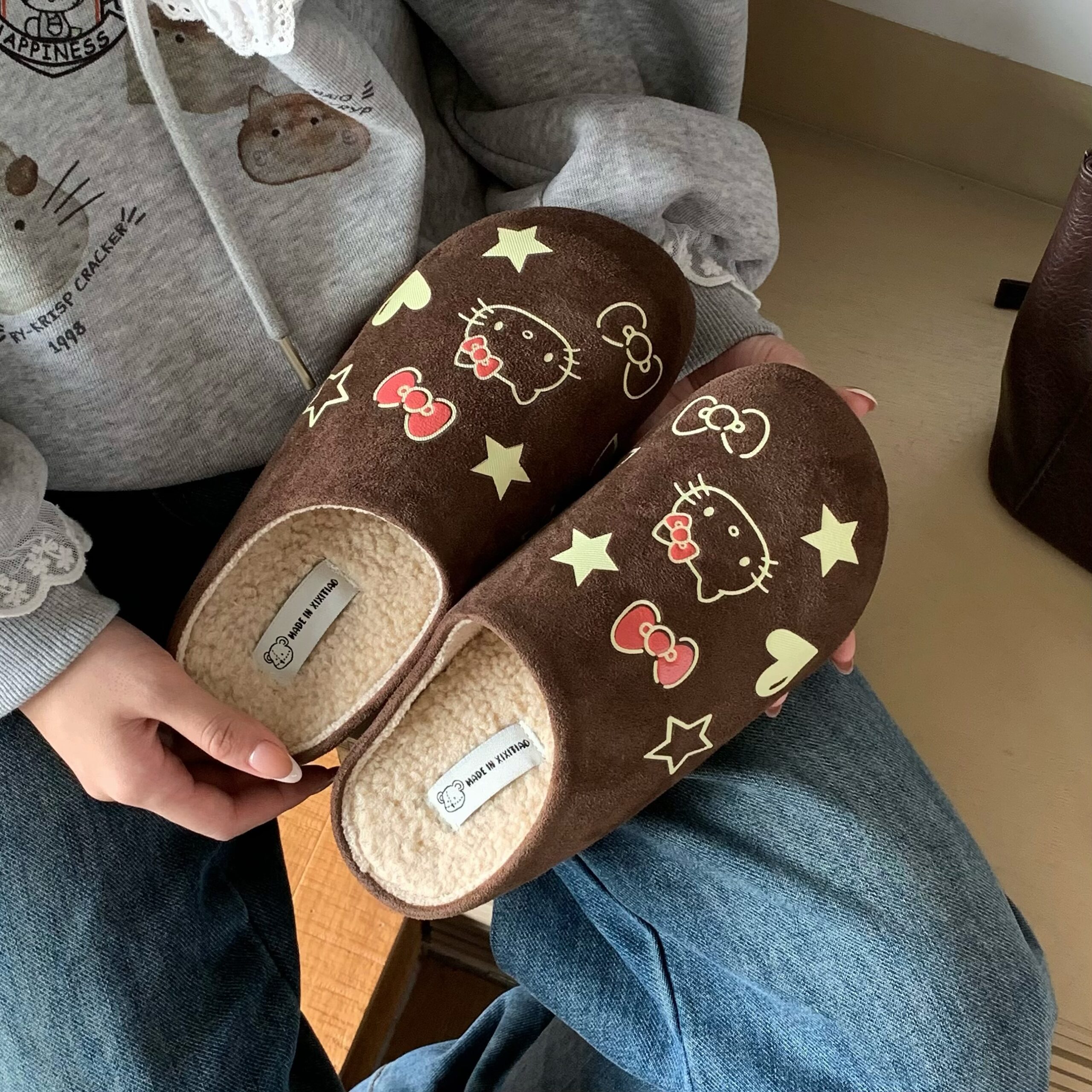 XIXITIAO Hello Kitty Birkenstock Leather Clogs, Plush Lined Non-Slip Winter Indoor Outdoor Shoes for Women